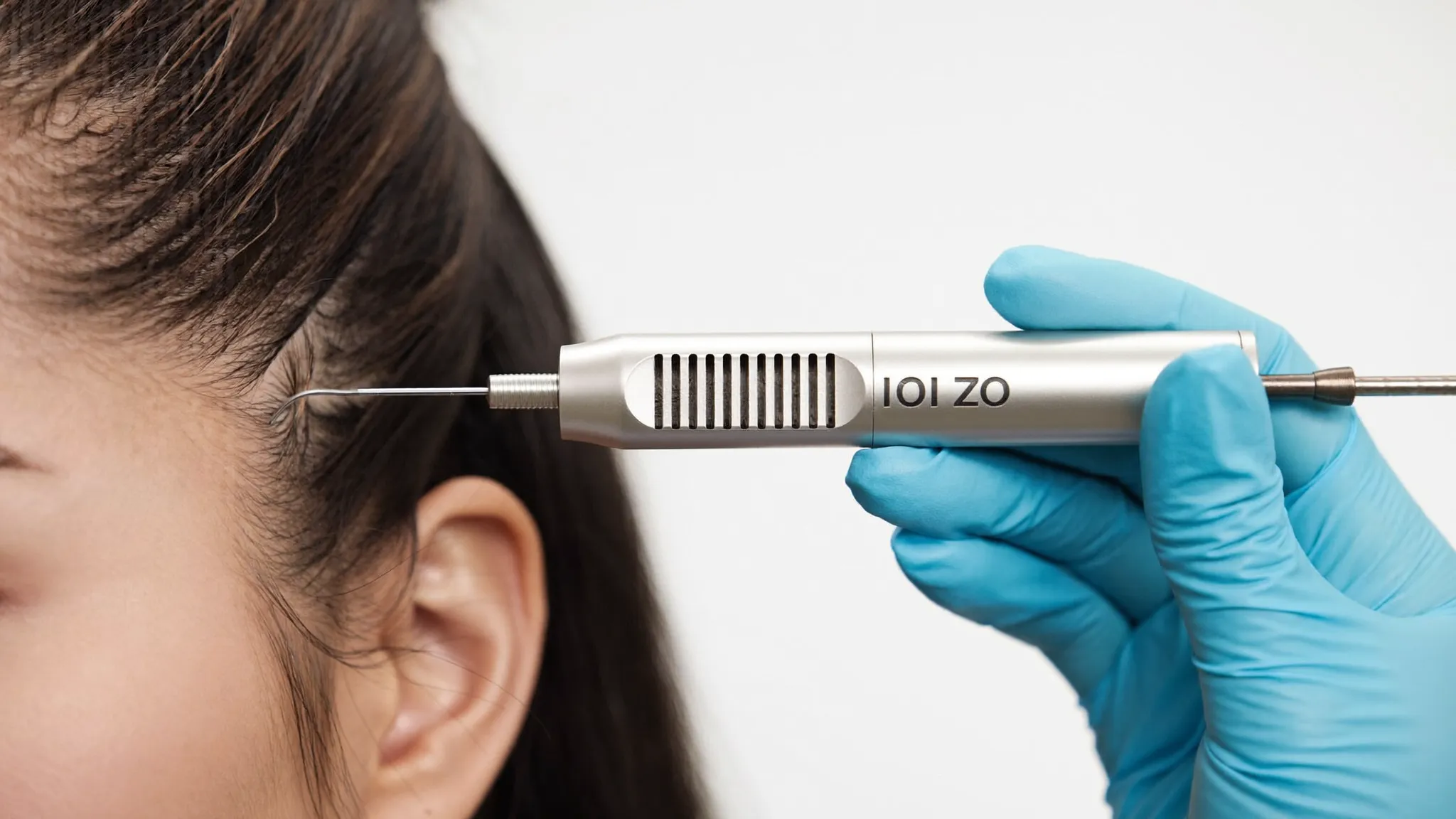 Fine implanter pen at a patient's hairline